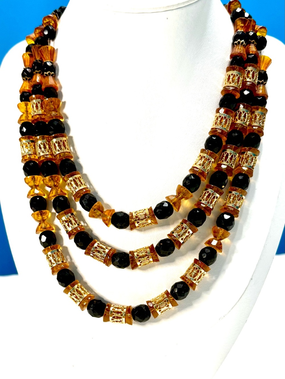 Vintage Signed HOBE’ Elegant Triple-strand 16” Amber and black glass Necklace